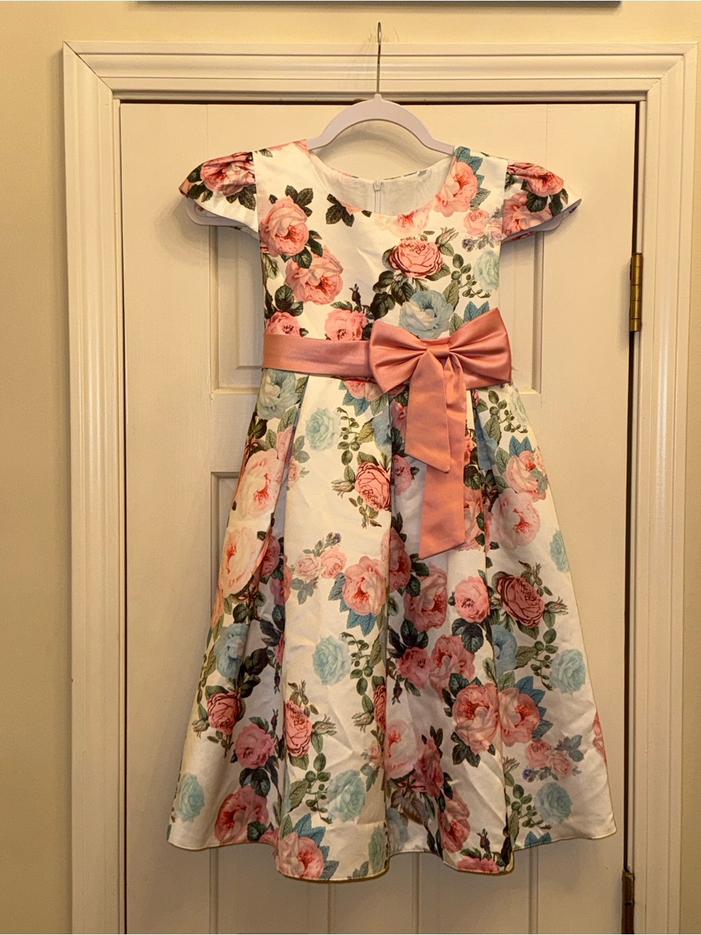 Girls Floral Satin Bow Fit & Flare Special Occasion Dress